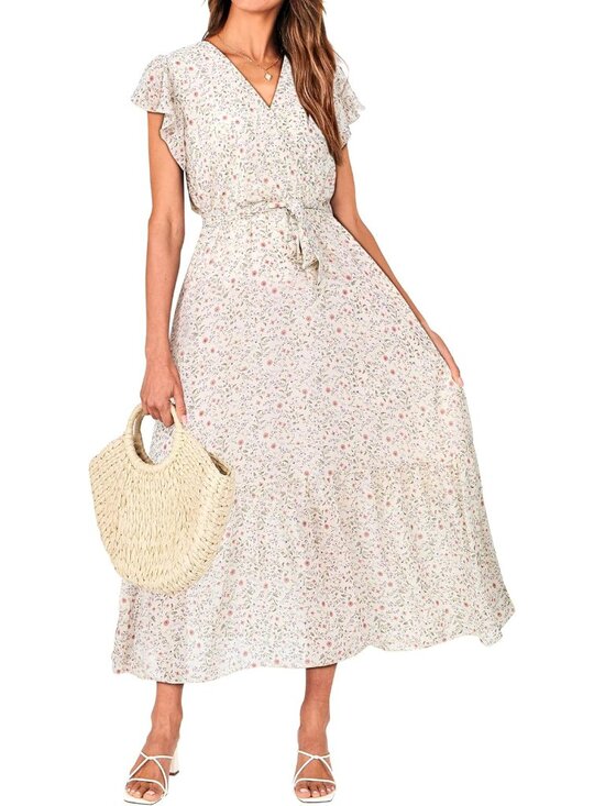 Dresses & Skirts - Women Summer Bohemian Floral Casual Wrap V Neck Ruffle Cap Sleeveless Belt A-Lin